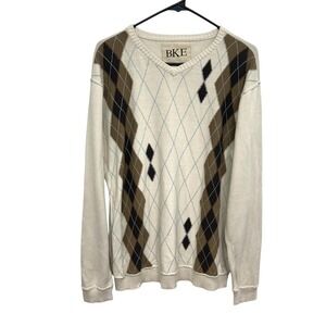 BKE Argyle Sweater L Brown Black V Neck Preppy Academia Geometric Classic‎ Layer
